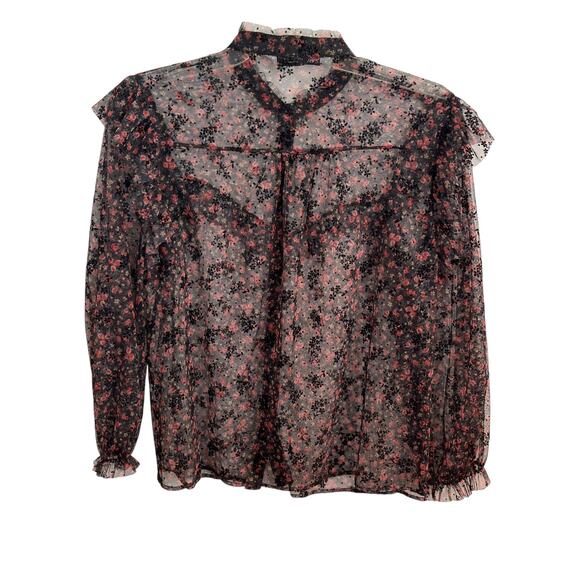 ZARA Black Floral Sheer Ruffle Trim  Blouse Size Small – Romantic Feminine - Picture 5 of 9